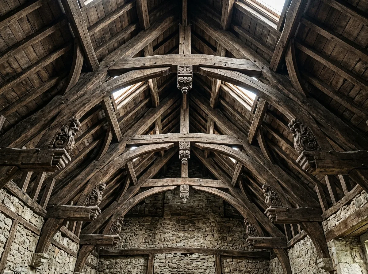 Open timber roof: hammer beams and braces