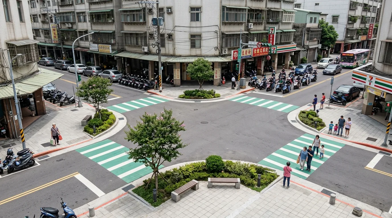 路口缘石外推：缩短行人穿越距离