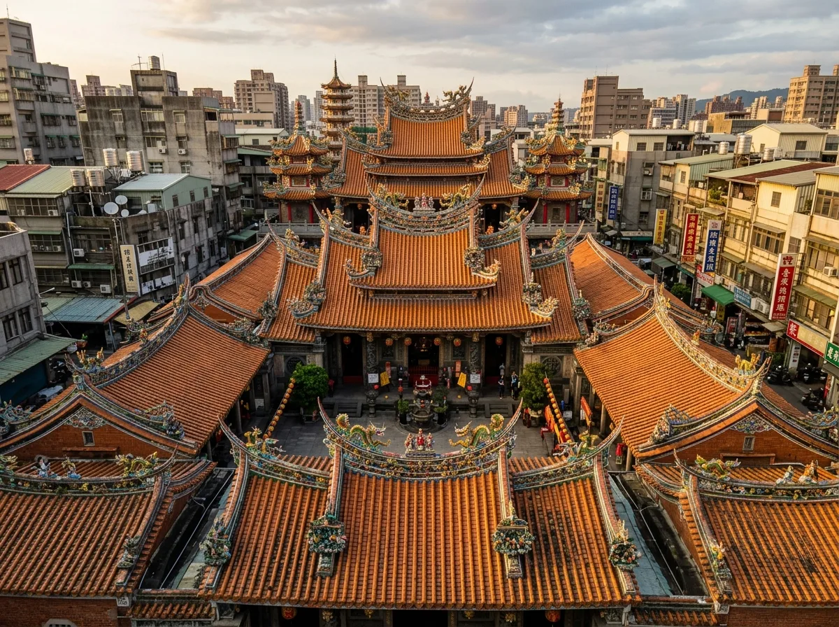 Temple Roof Panorama: Tile Work, Ridge Bands, and Roof Undulations