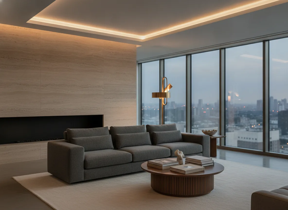 Quiet Luxury Urban Living Room: Sunset Glow and Warm Materials