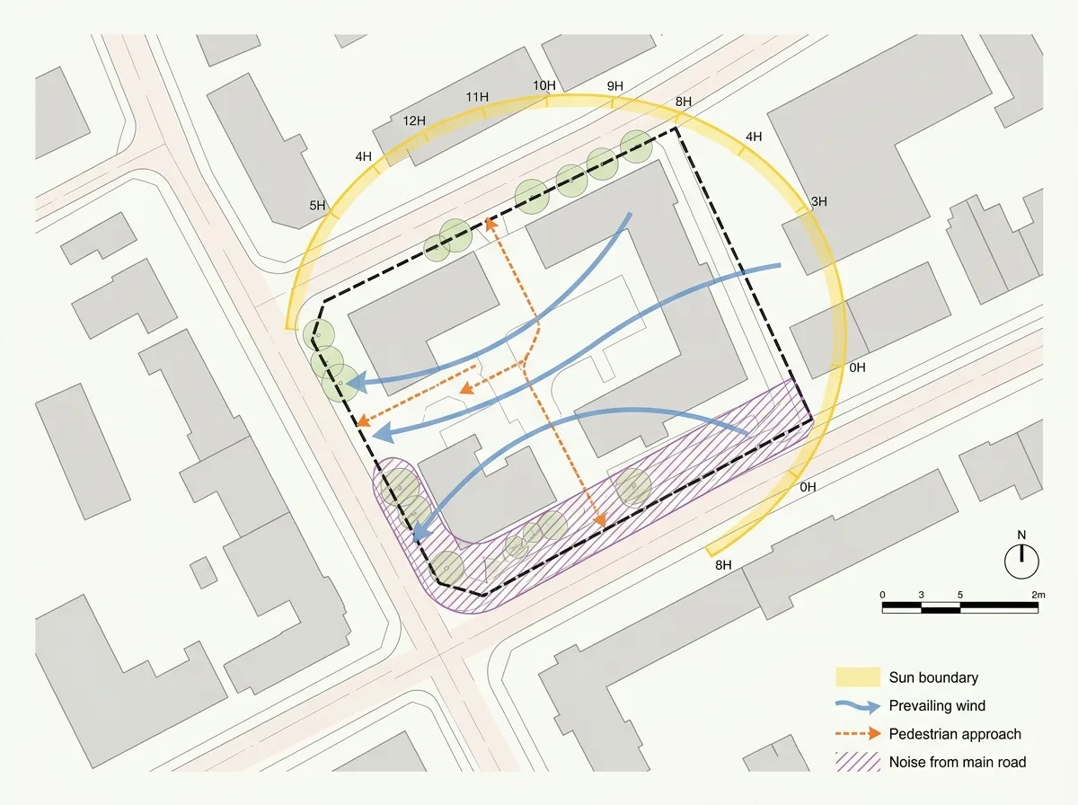 Site Analysis: Location, Sunlight, Wind Direction & Circulation Overlay