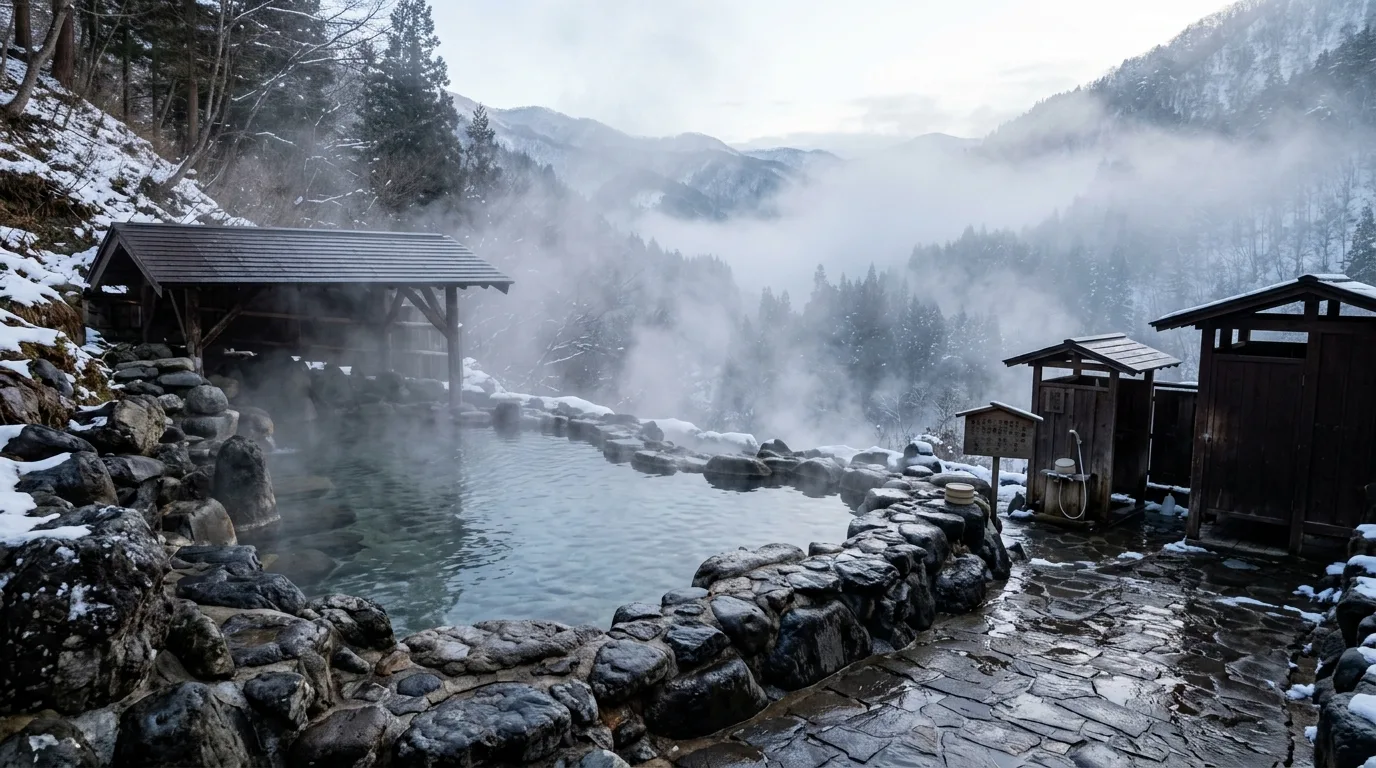 温泉旅館の露天風呂：湯気・石・冬の空気