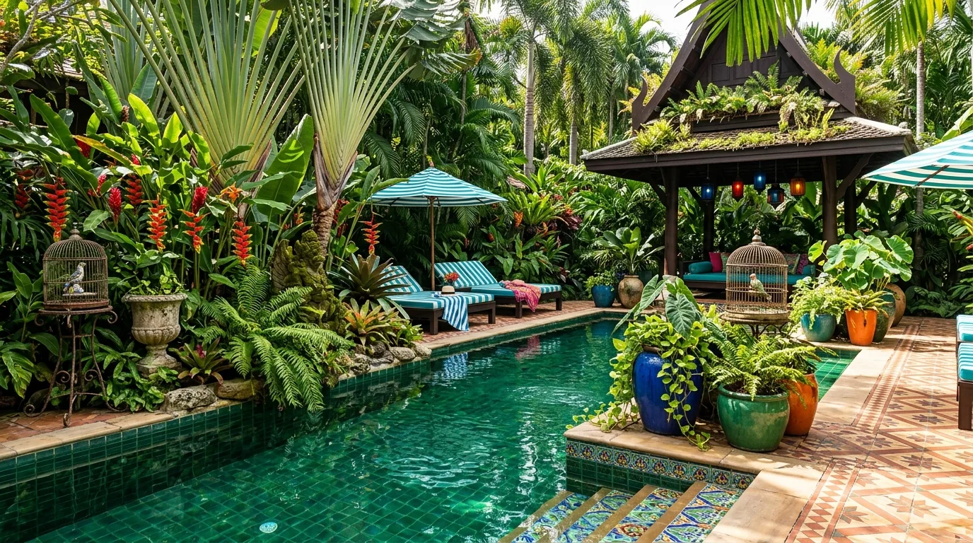 Tropical Maximalist Pool Garden: Layers of Planting and Color