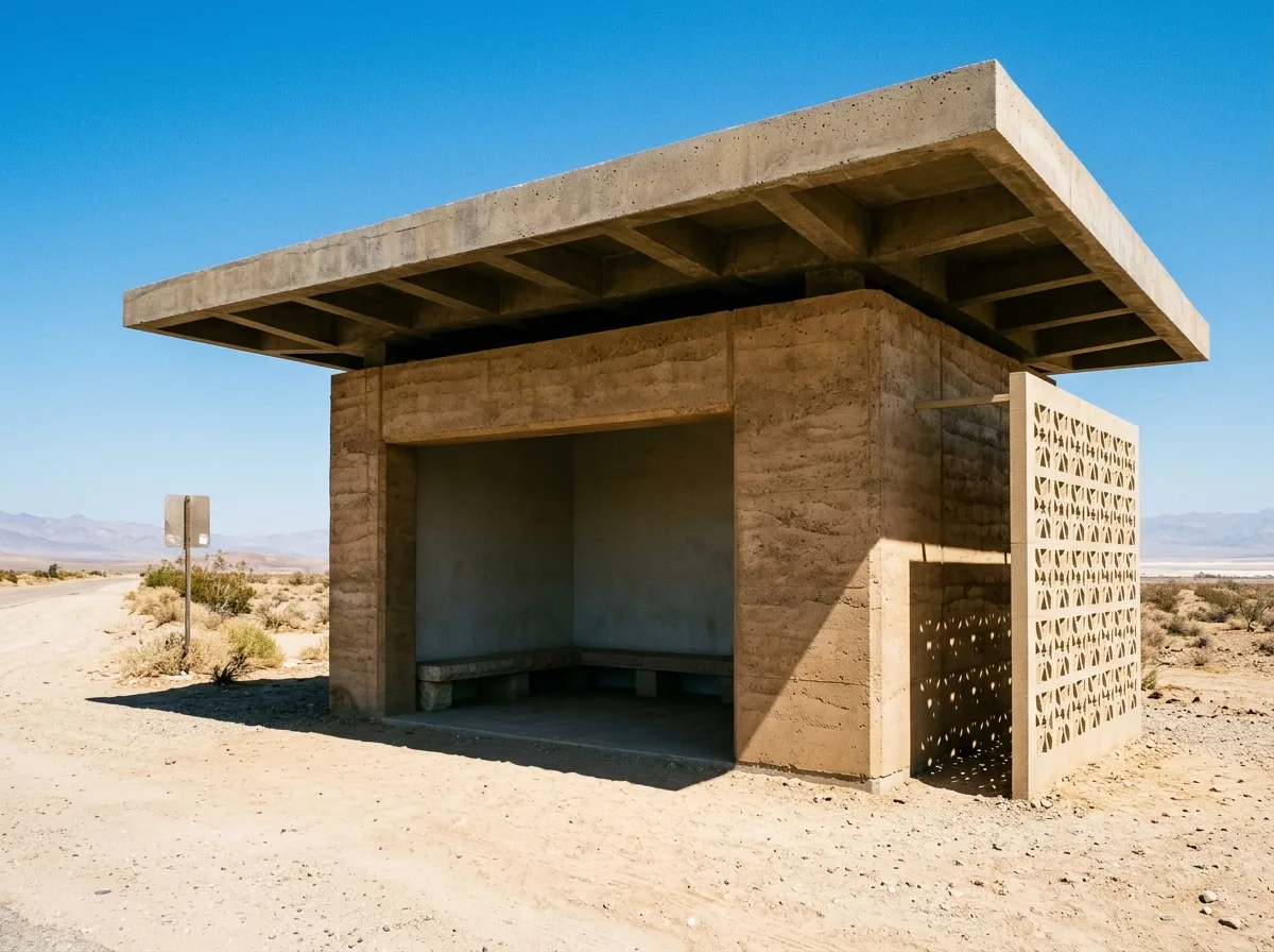 Desert Sun-Shading Bus Stop: Massive Volume and Deep Shadow