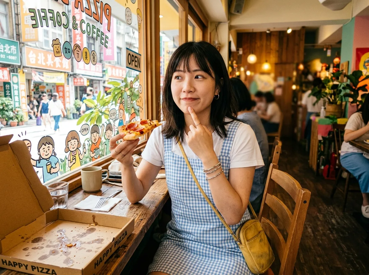 角のカフェ：チェック柄サスペンダーとミレニアムデジタルカメラのフラッシュ