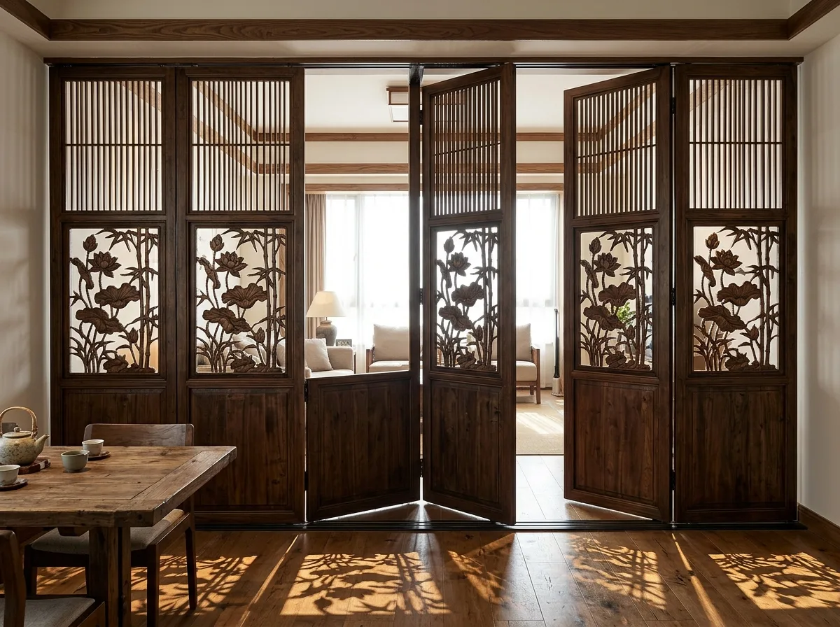 Wood Carving Grille Screen: Openwork of Lotus and Bamboo