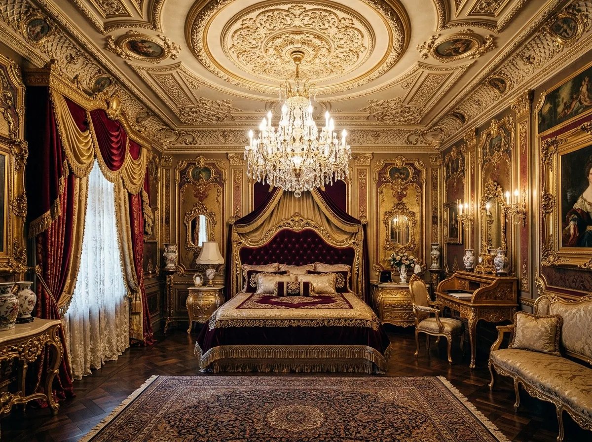 Baroque Excess: Moldings, Velvet, and Chandeliers