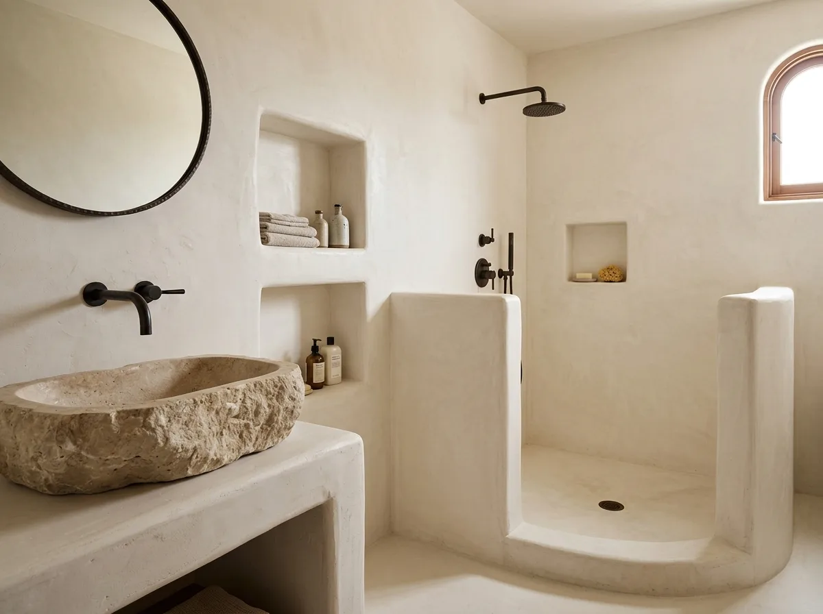 Spanish Revival • Bathroom: Stucco, Trough Sink, and a Splash of Blue Tile