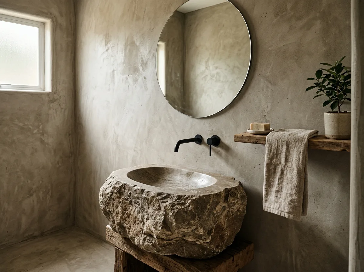 Taiwanese Wabi-Sabi Bathroom: Concrete and a Single Stone