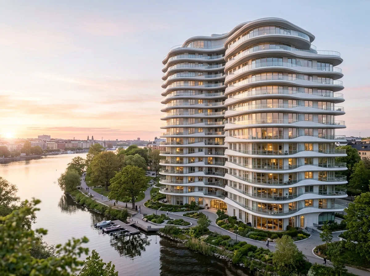 Swan-like Curved Balcony: White Fair-faced Concrete and Continuous Glass Railing