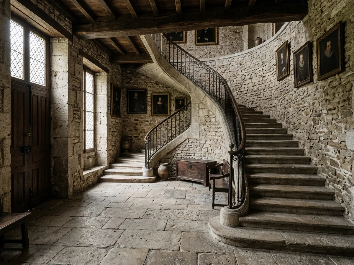 Manor - Foyer and Staircase: Exposed Stone Walls