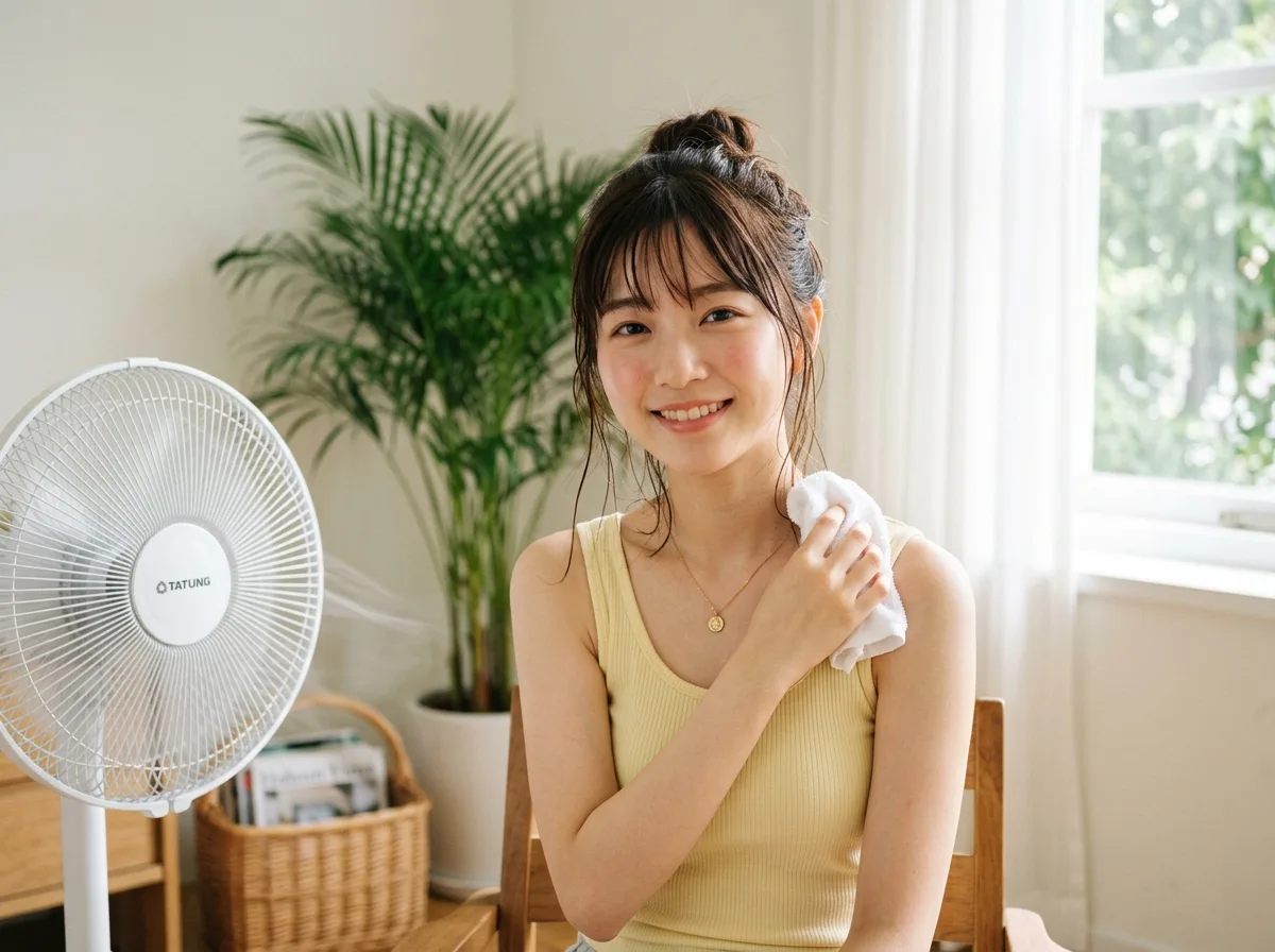 电风扇前：夏日午后的降温时刻