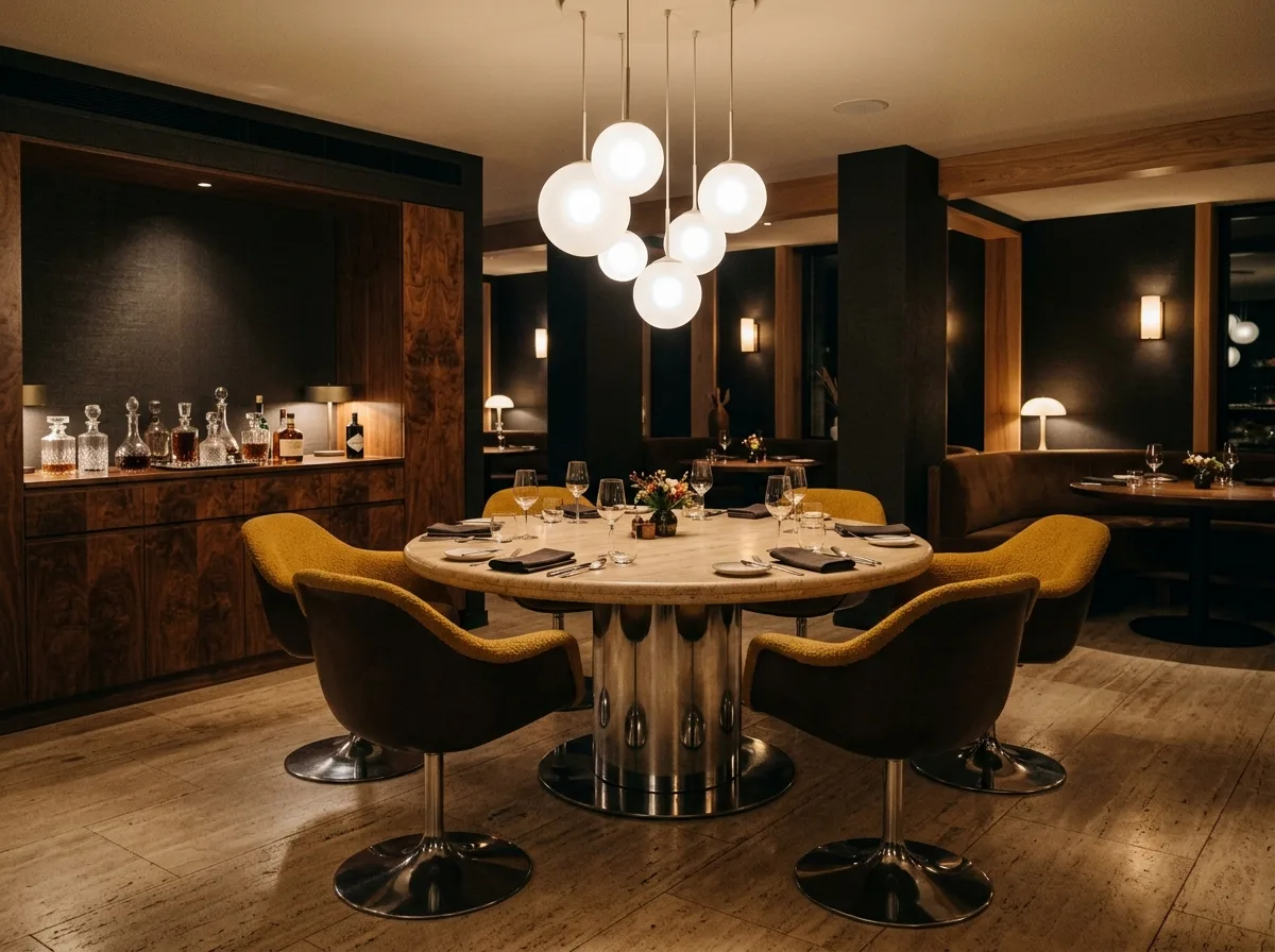 Modern Retro Luxury · Dining Room: Round Table and Swivel Base