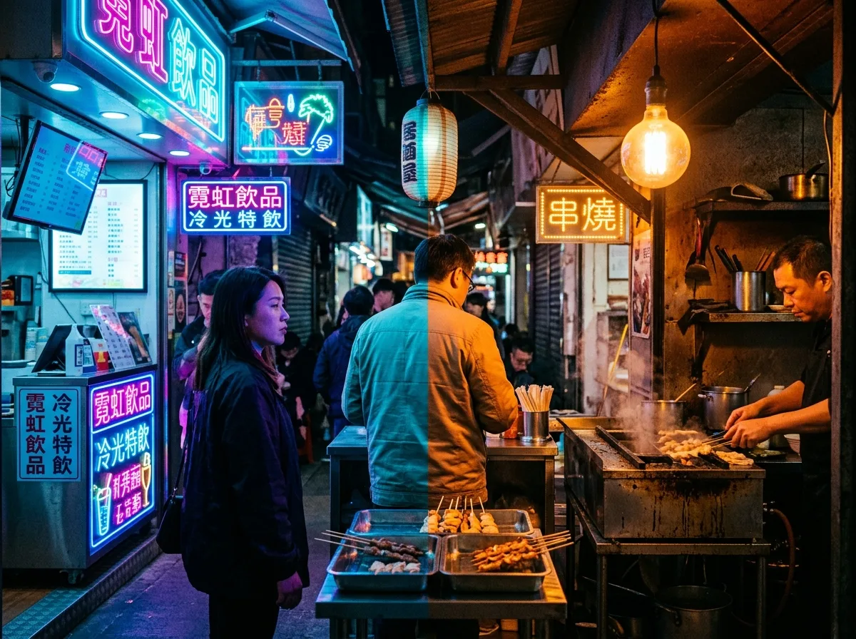 色温冲突：冷蓝与暖橙