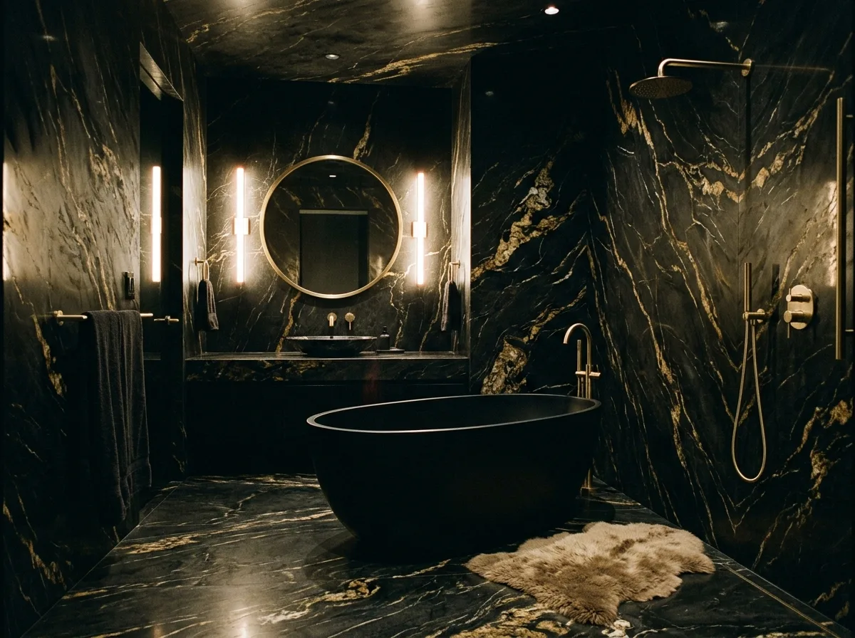 Wild Luxury - Bathroom: Black Stone and Gold Fixtures