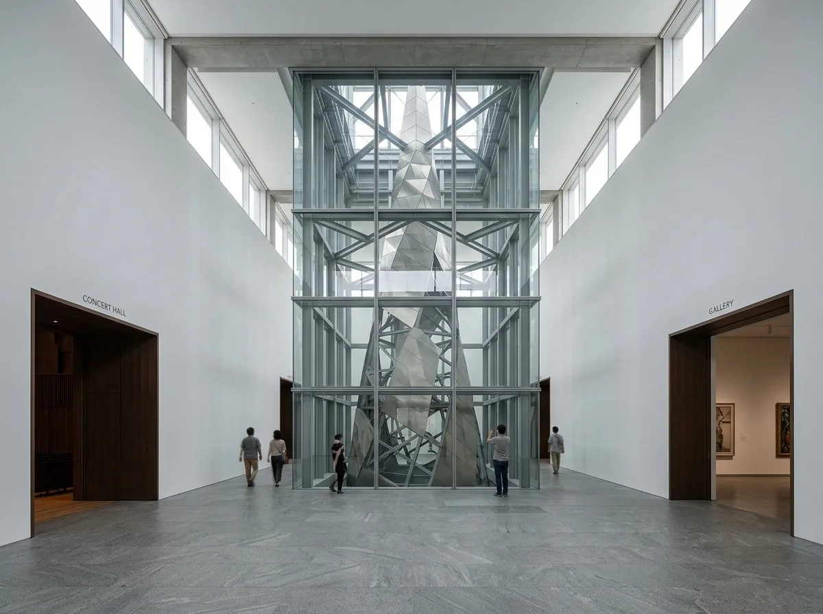 Multi-Cultural Tower Interior: Connecting Exhibition Halls, Concert Halls, and Observation Facilities
