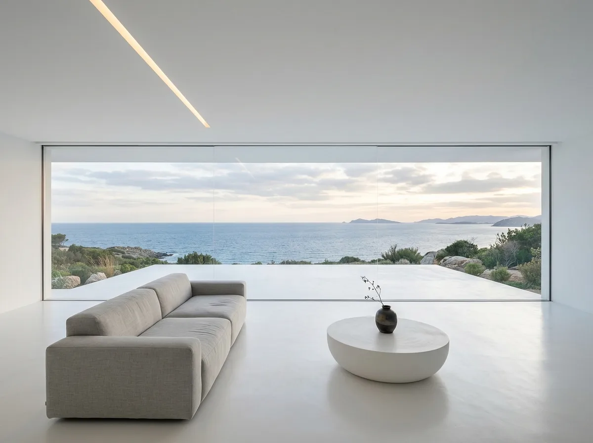 Futuristic Minimalism・Residential Living Room: Full Frameless Glass Wall