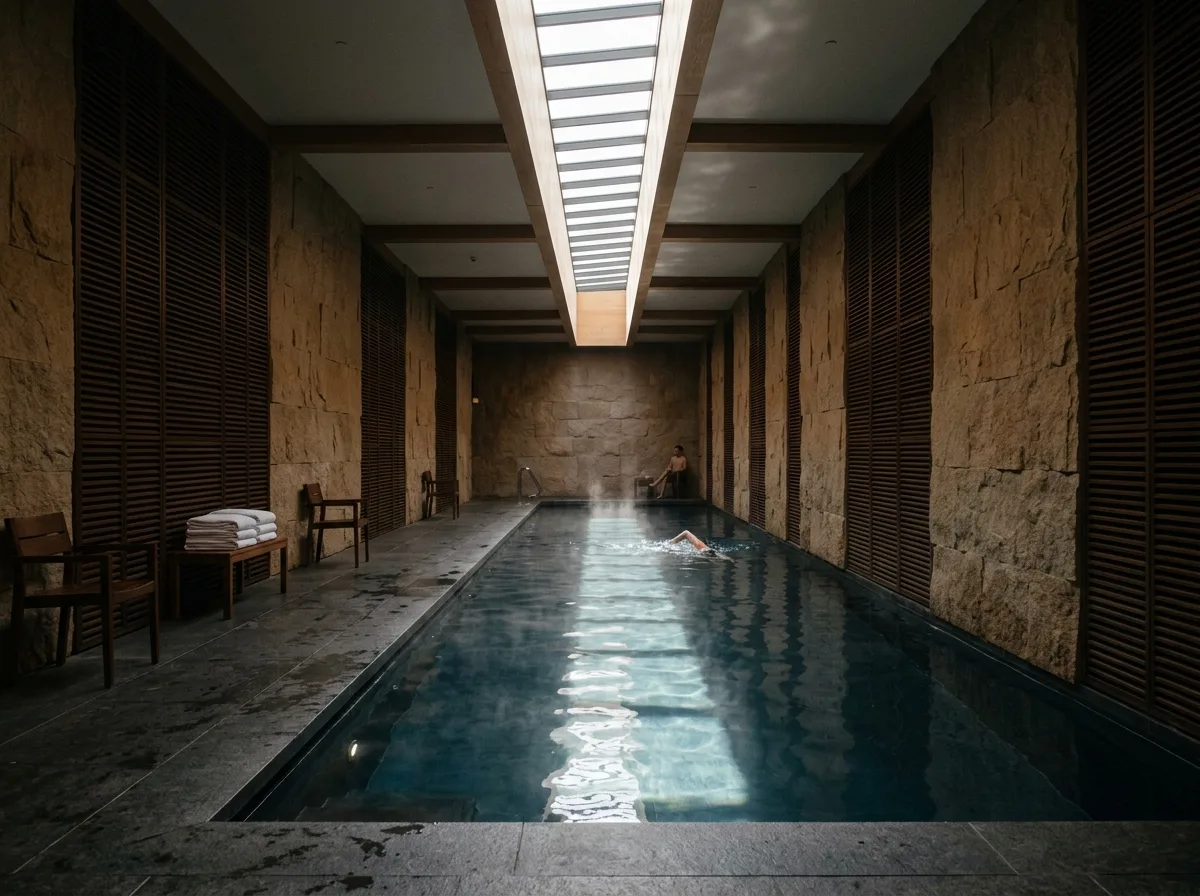 ホテルの屋内恒温プール：天窓、蒸気、そして静寂