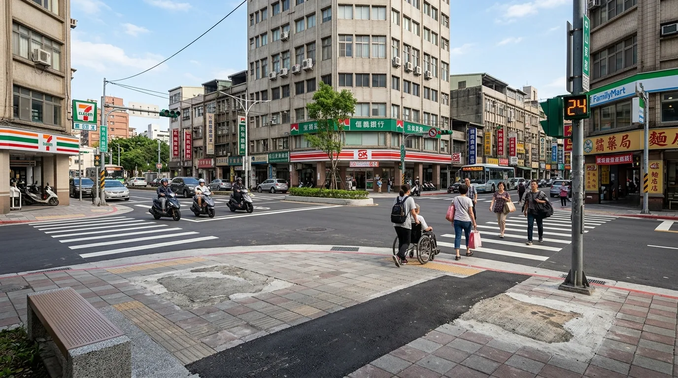 旧歩道橋解体後の交差点：平面的な横断への回帰