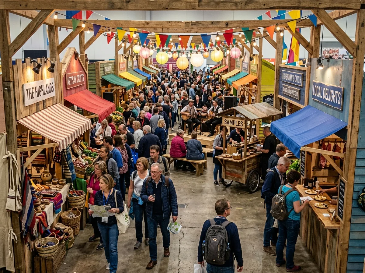 Exhibition & Market Feel: Booth Clusters and Banners