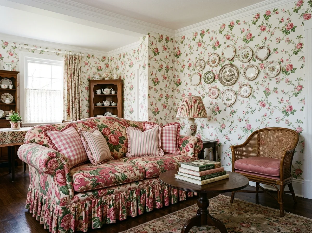 Grandma Style Living Room: Floral Wallpaper and Petticoat Sofa