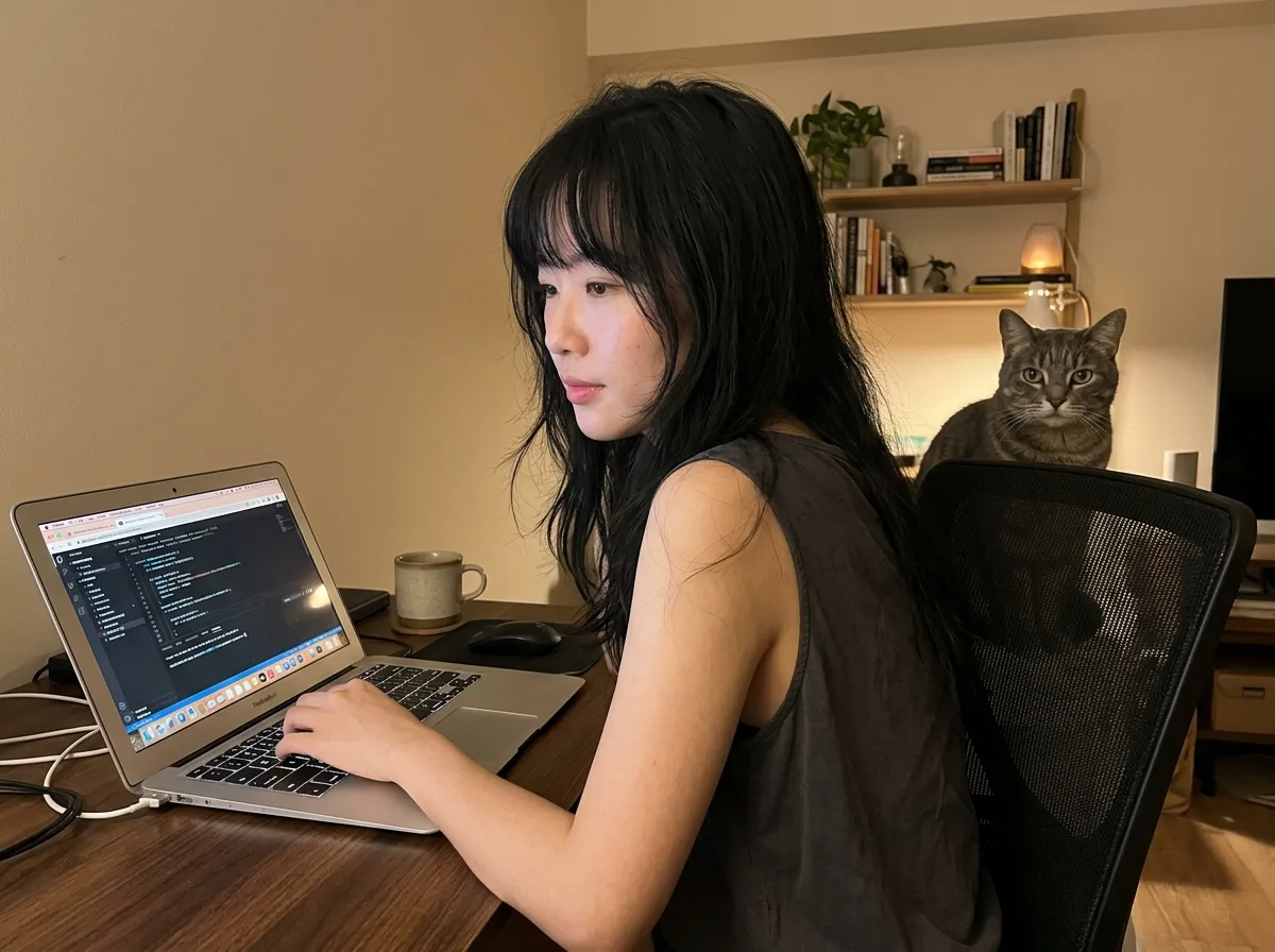 Desk, laptop, and cat