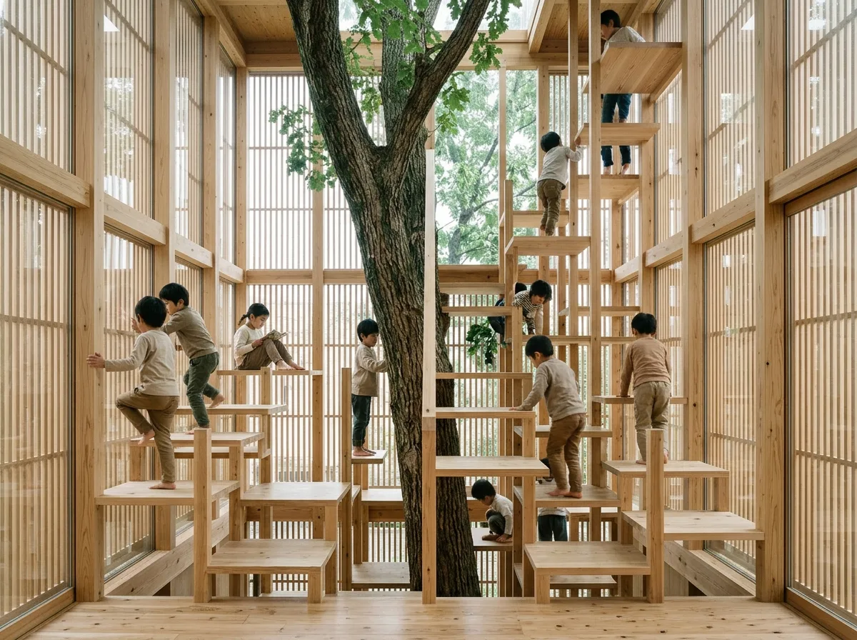 手塚建築｜木を囲む：垂直に積み重ねられた小さなプラットフォーム