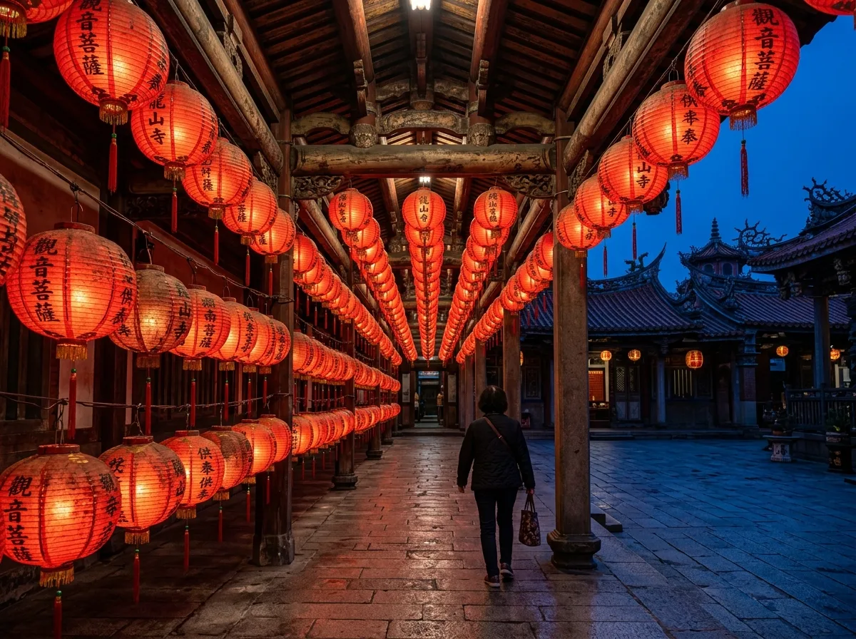 灯笼阵：成排悬挂的红光