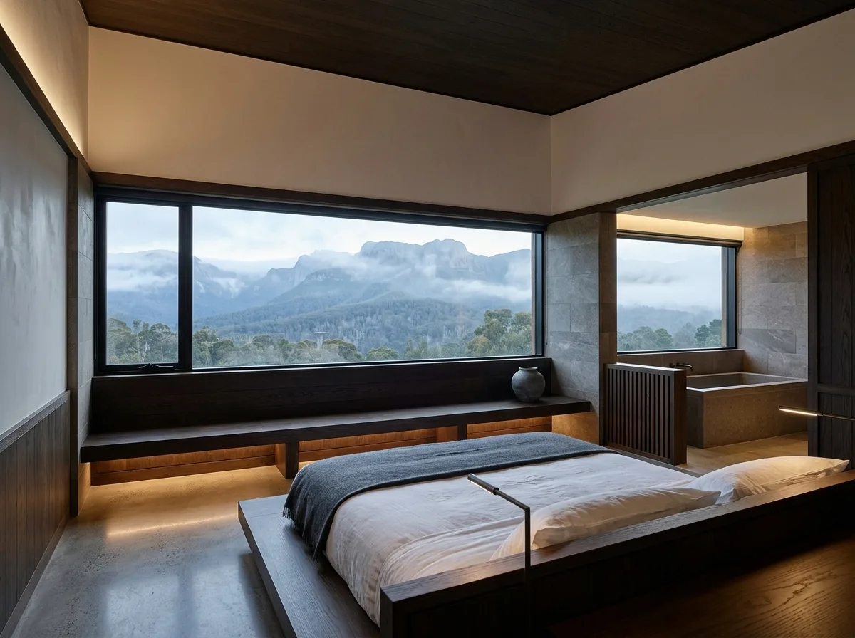 山中のゲストハウス：地元の素材とミニマルなフレーミング