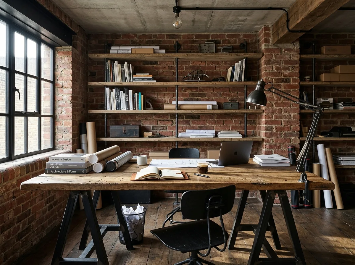 Industrial Home Office: Metal Desk Frame & Exposed Conduit Shelving
