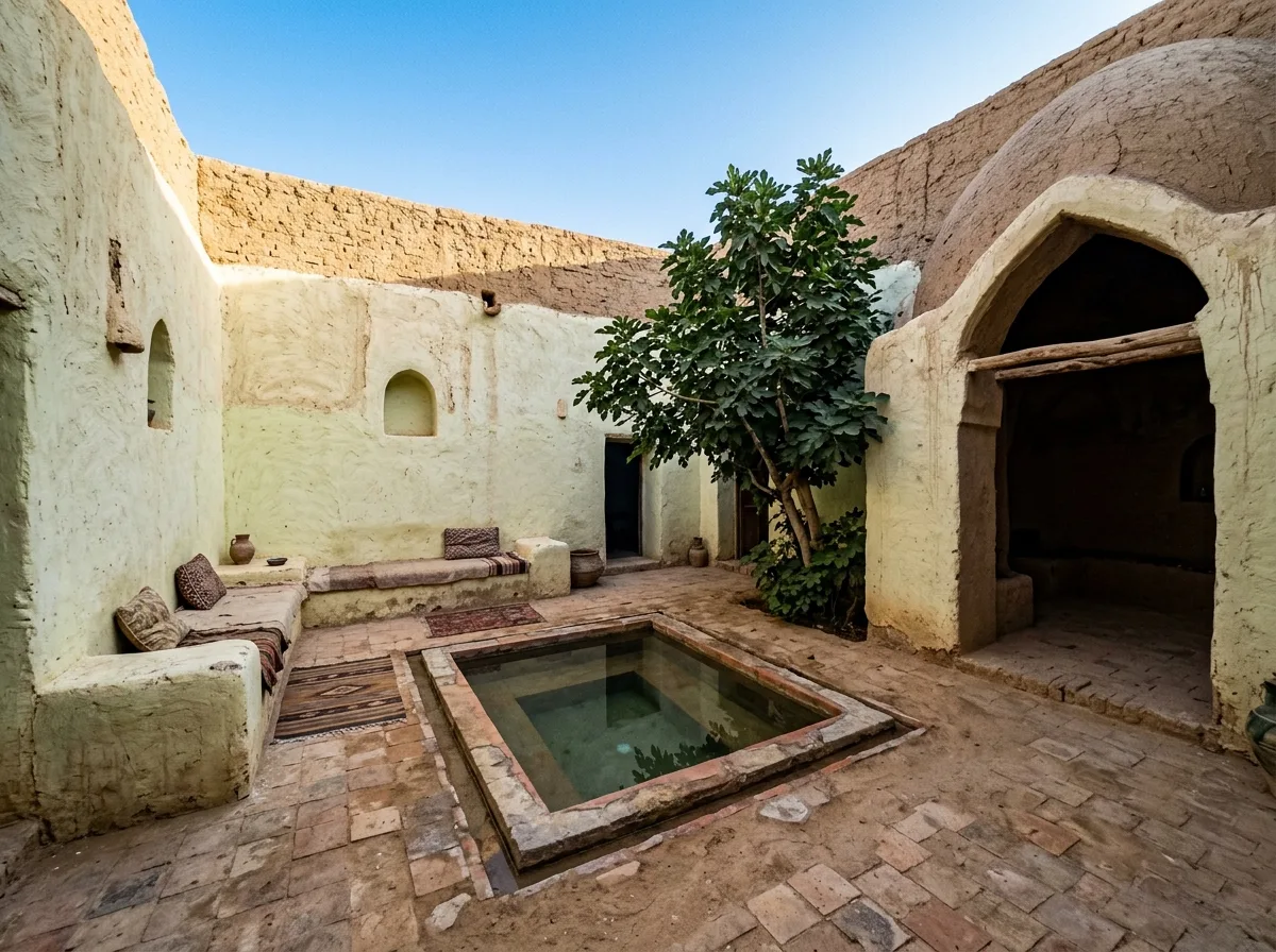 The Courtyard of Earthen Dome Dwellings: Whitewash and Water Features
