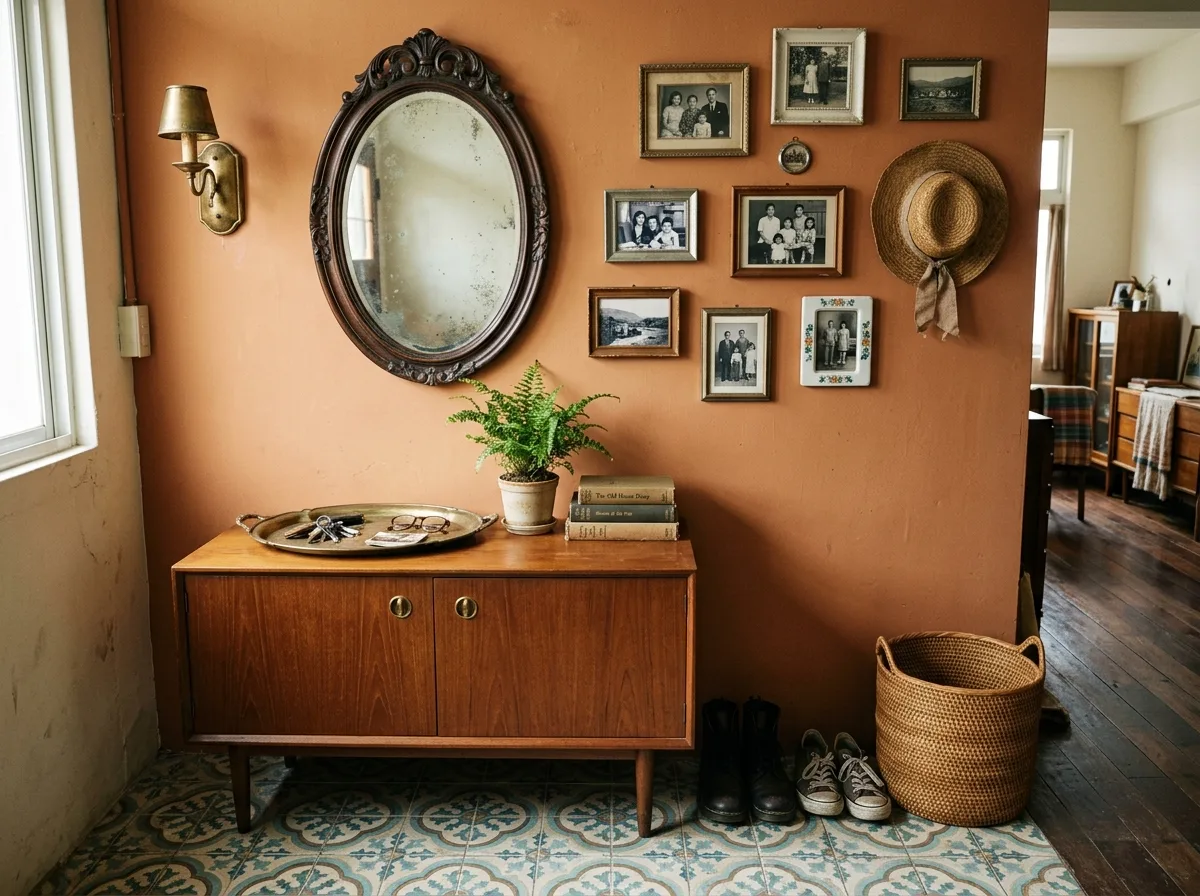 Vintage Mix Entryway: Old Cabinet, Old Mirror, and a Wall Full of Hangings