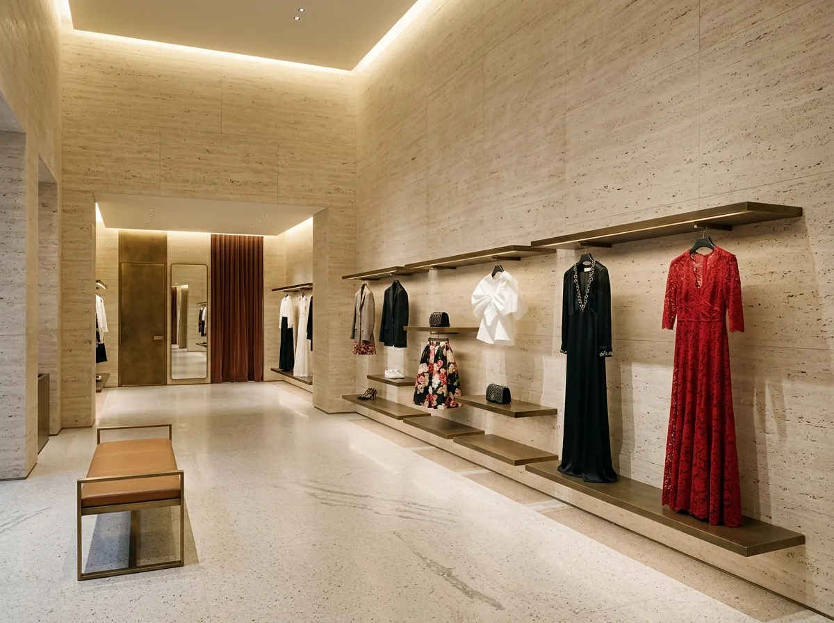 Boutique Interior: Travertine, Terrazzo, and Hidden Lighting