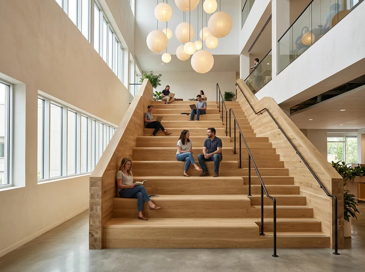 Tiered Seating: A Large Wooden Staircase in an Office Floor