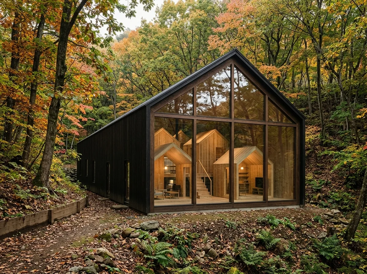 森の中の住宅：金属屋根の集合体と額縁化された風景
