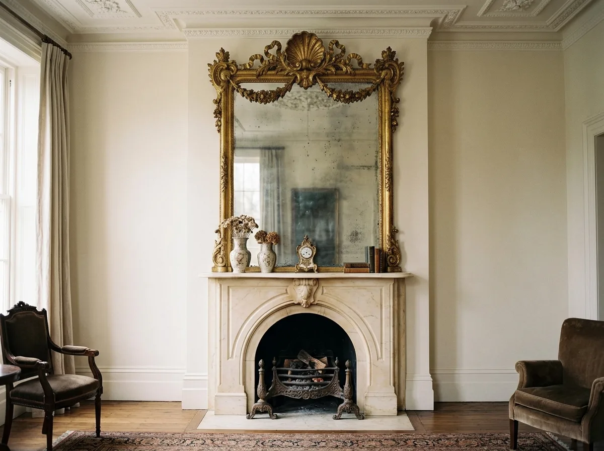 Fireplace and gilded mirror above: the focal point of the room
