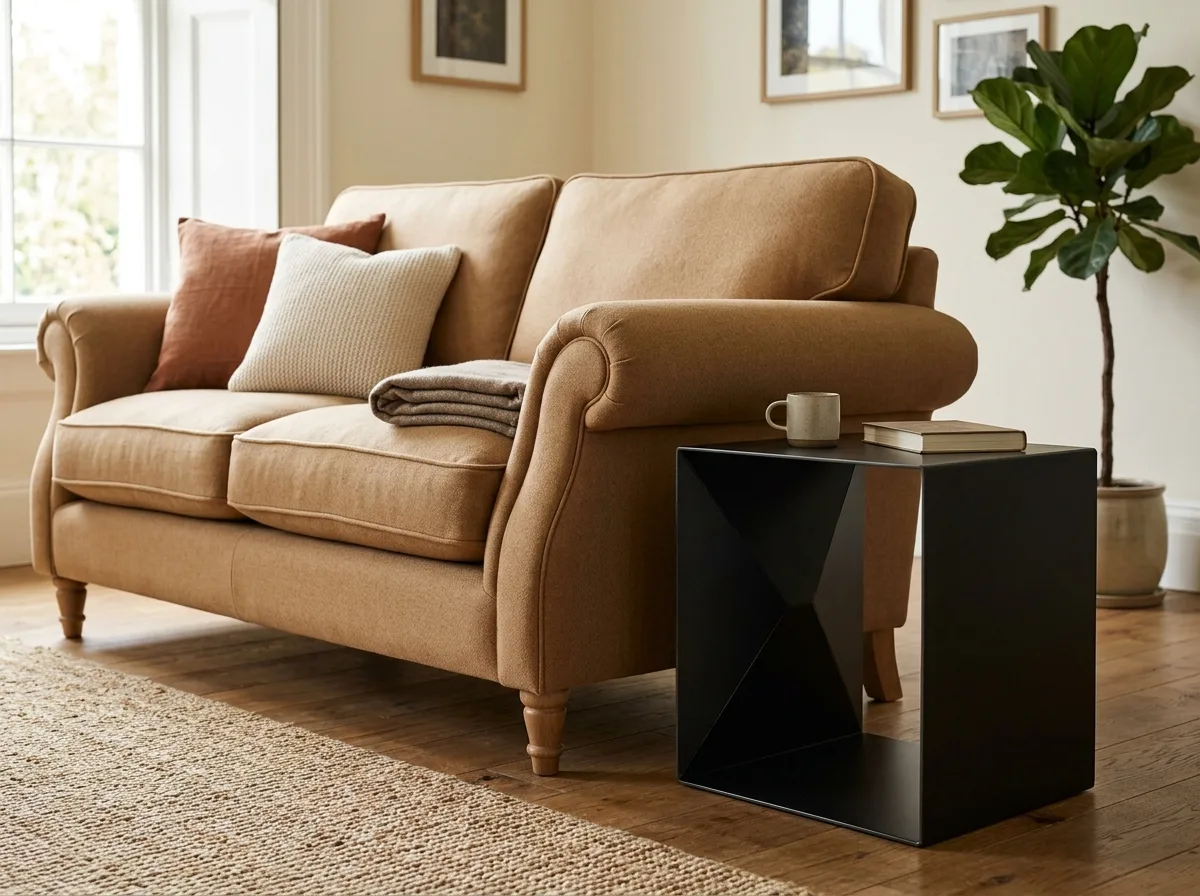 Curved arm sofa with straight-edged side table
