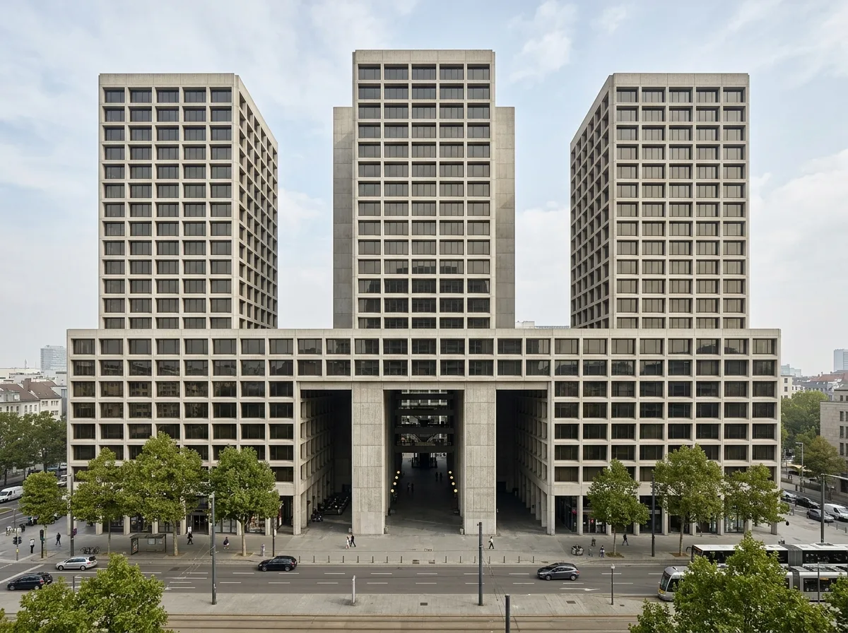 High-rise with a concrete lattice facade: repeating openings and mass tapering