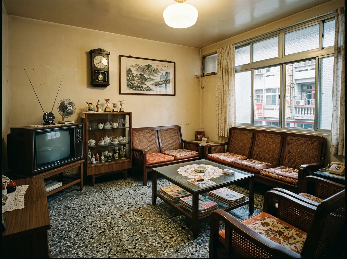 1970s Taiwan Living Room · Terrazzo and Rattan Chairs