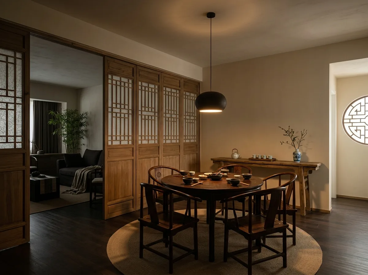 New Chinese Style - Dining Room: Round Table and Folding Screens