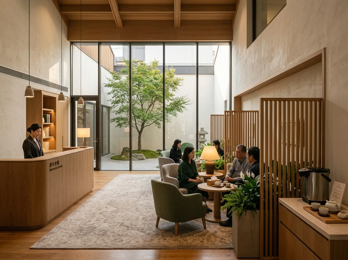 葬儀会館の受付：圧迫感を軽減する最初の部屋