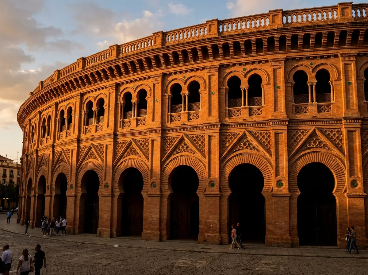 Neo-Mudéjar Bullring Exterior: Two Levels of Arches and Corner Towers