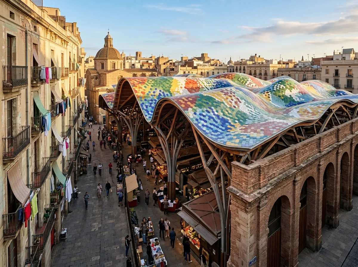 Market with a Colorful Wavy Roof: Hexagonal Tiles and Curved Steel Structure