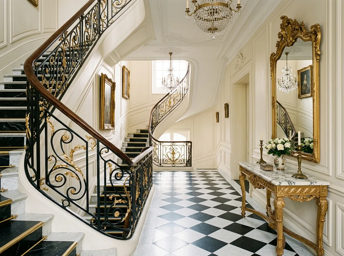 French Romance · Foyer and Staircase: Black and White Diagonal Tiles
