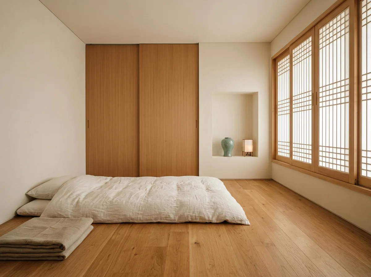 Korean Modern Bedroom: Bedding and a Storage Wall