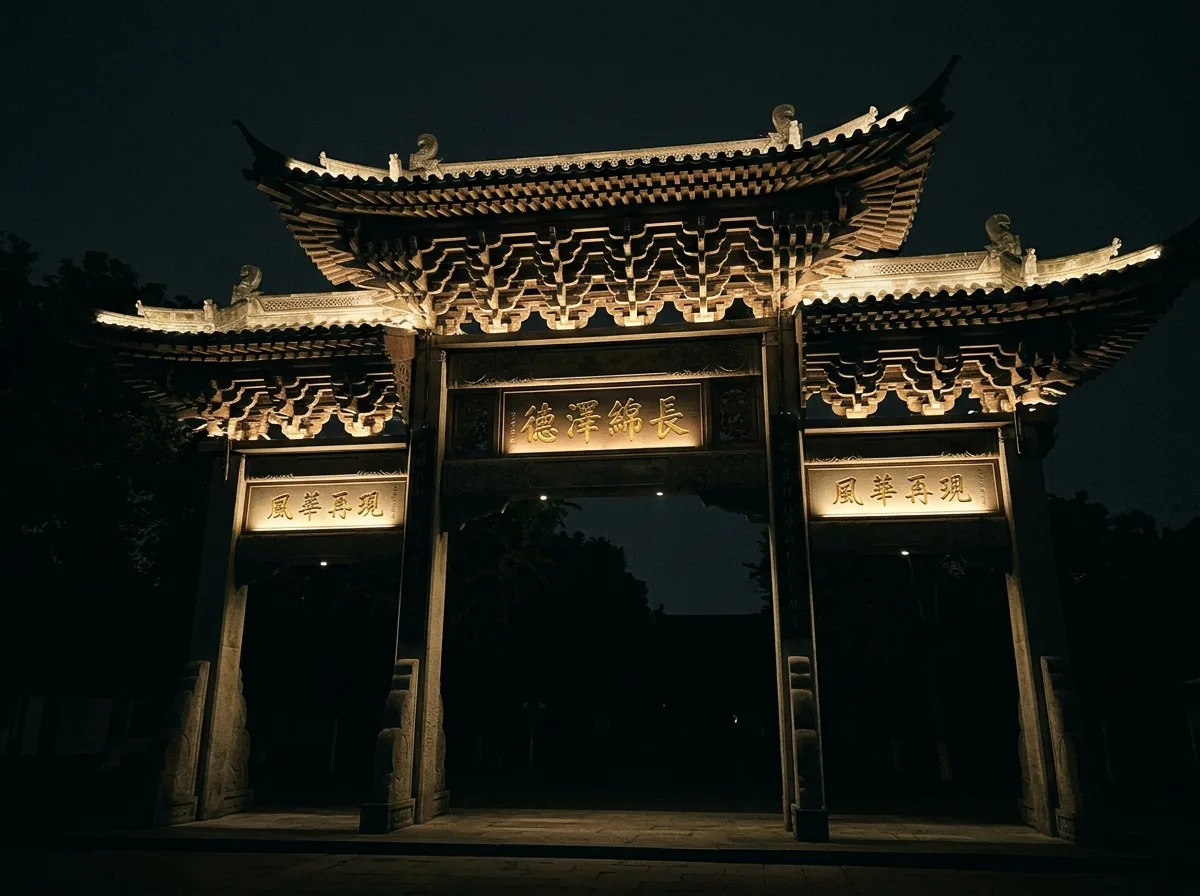 夜晚的牌楼：光线从构件之间透出