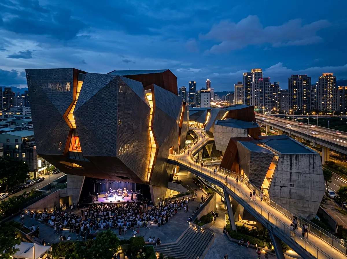 Displaced Volumes: Perforated Metal Facade and Sunken Amphitheater