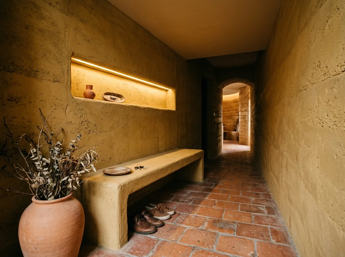 Earthy warmth • Entryway: thick walls, bench, and a ceramic jar