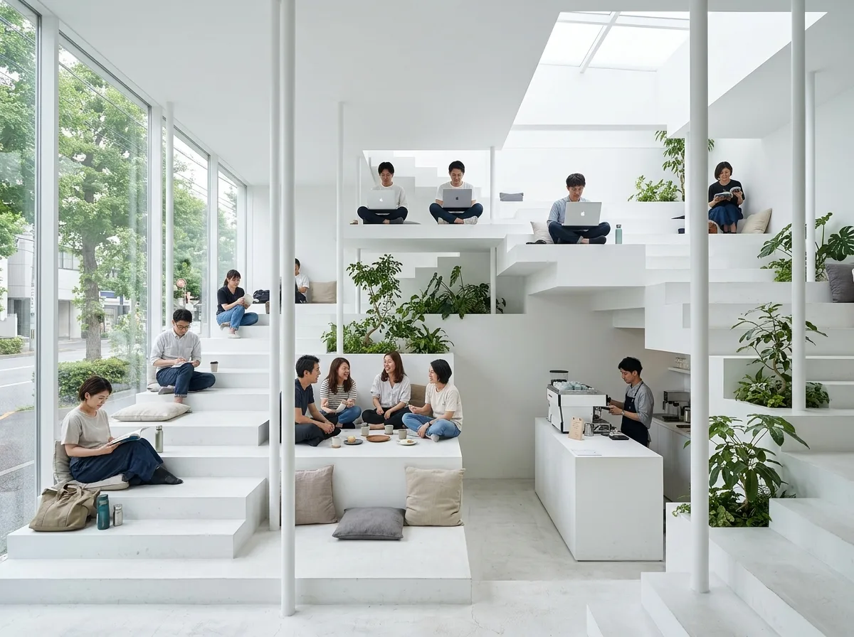 ホワイトフレームカフェ：テラス状の景観と植栽