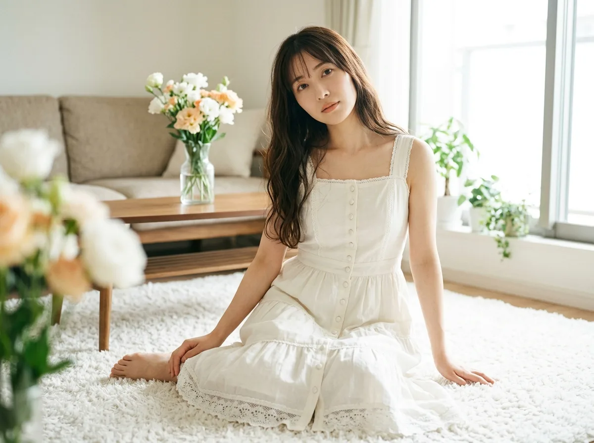 Morning light living room carpet・White upholstered buttons and lace hem